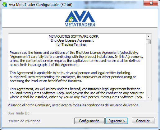 instalación mt4 avatrade