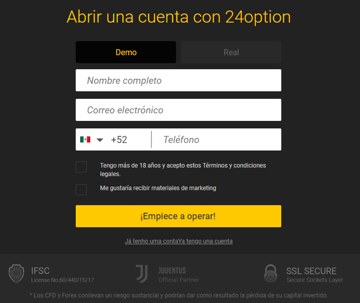 formulario cuenta demo 24option