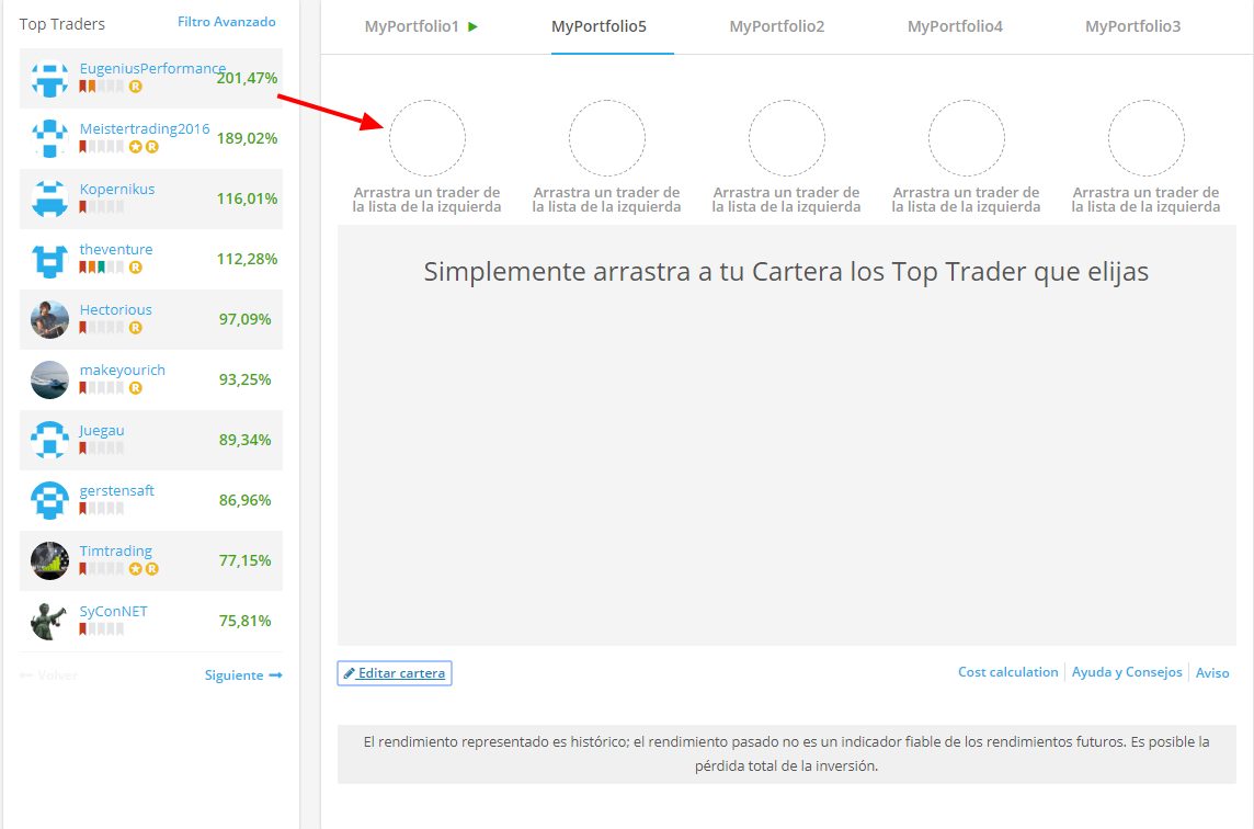 ayondo portfolio builder opción arrastrar