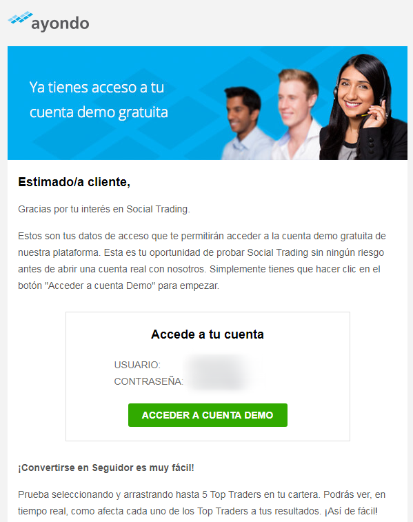correo de confirmación y datos de cuenta ayondo