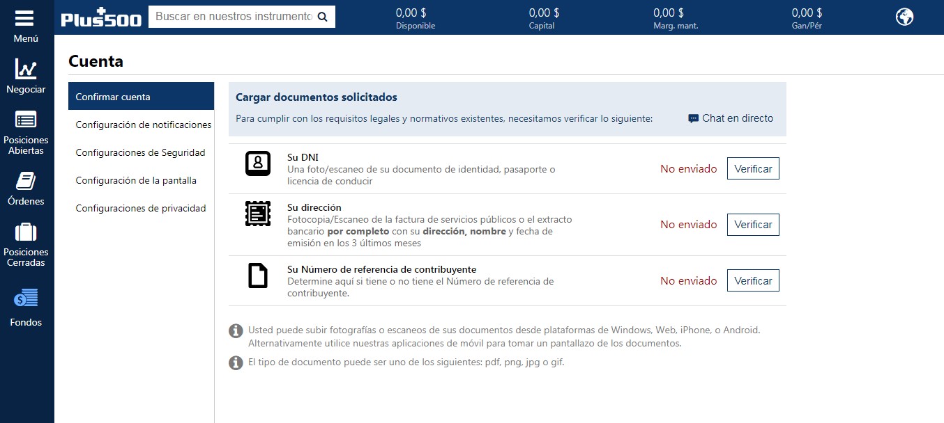 Documento y datos personales Plus500