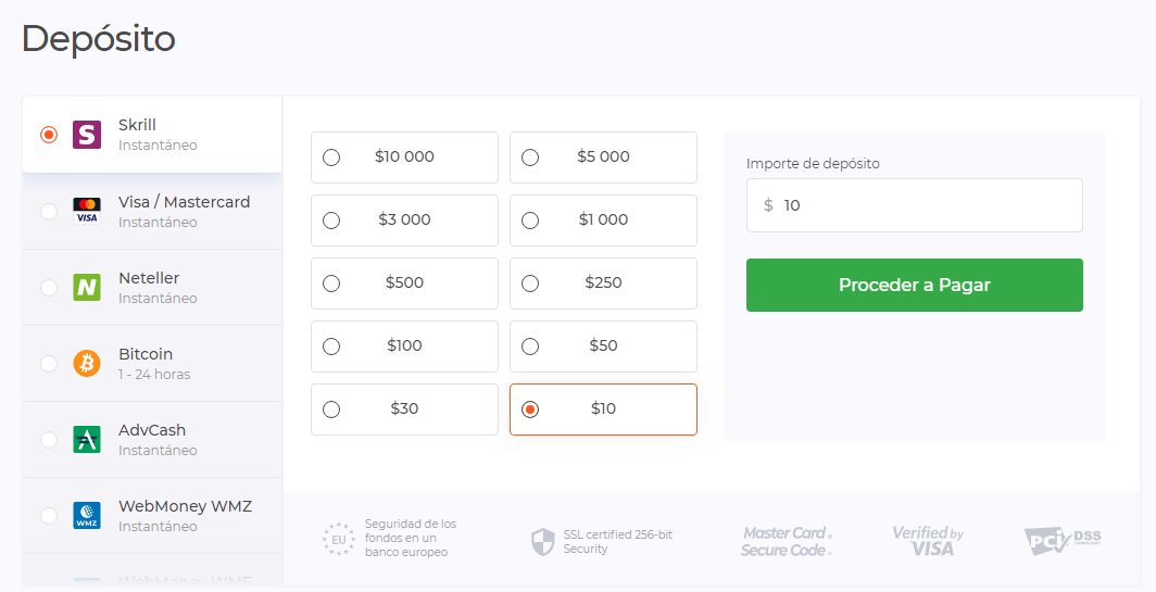 Proceso de depósito iq option