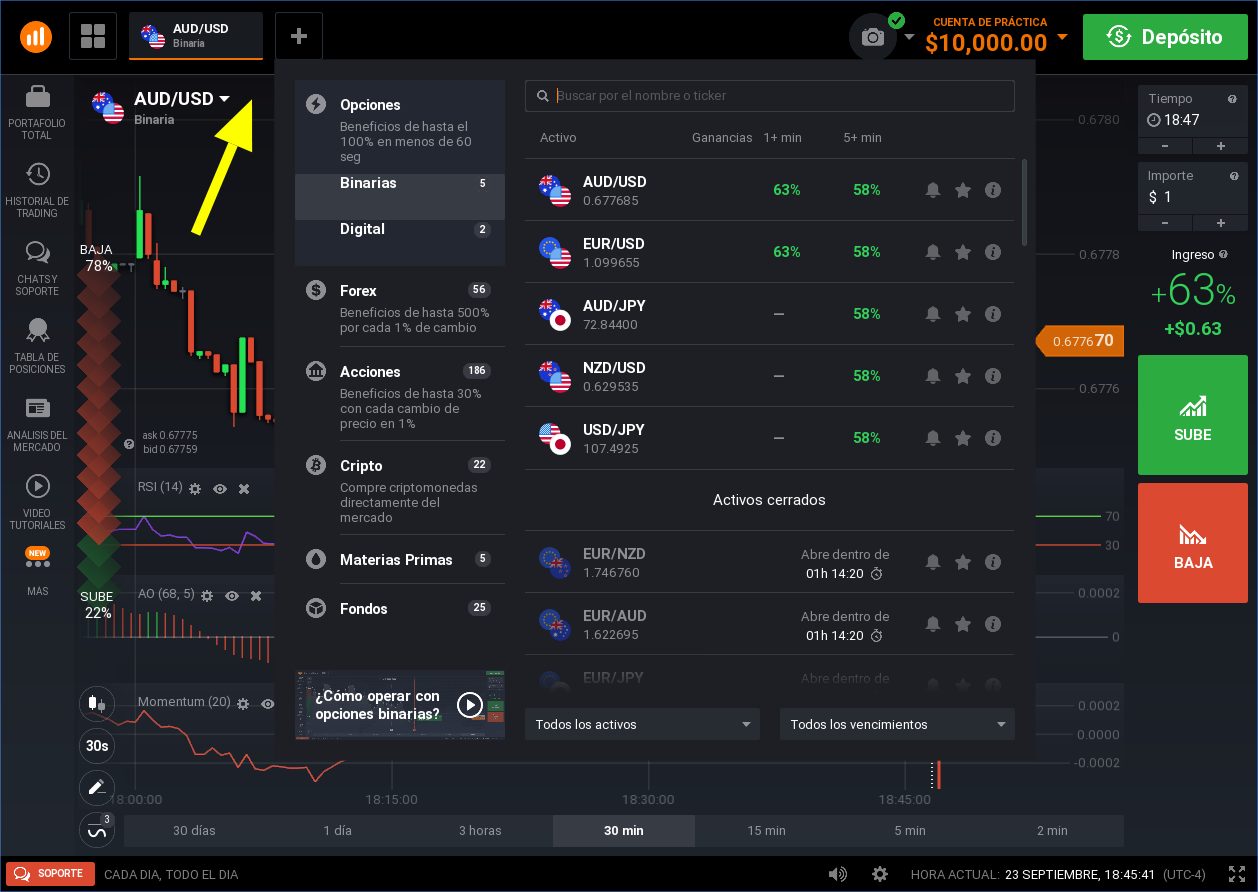 Menú de opciones binarias iq option