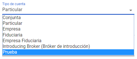 Selección de tipo de cuenta
