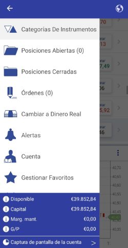 menu en la app de plus500