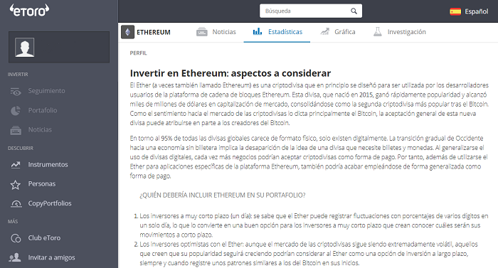 Estadisticas Ethereum eToro
