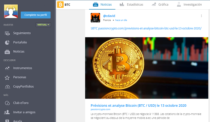 Previsión Bitcoin pronóstico en eToro