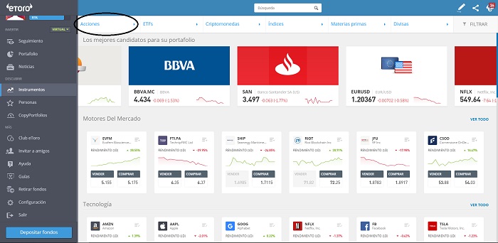 acciones menu superior amazon
