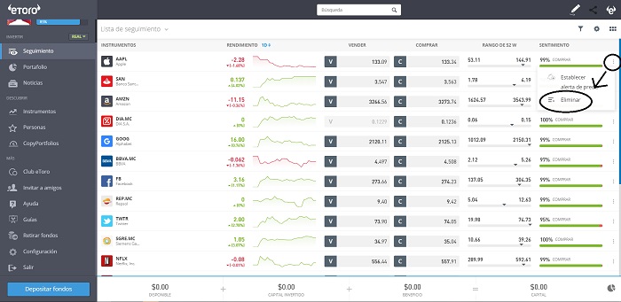 eliminar lista etoro demo