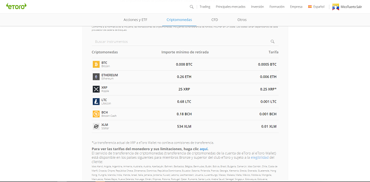 comisiones porcentaje por criptomonedas etoro