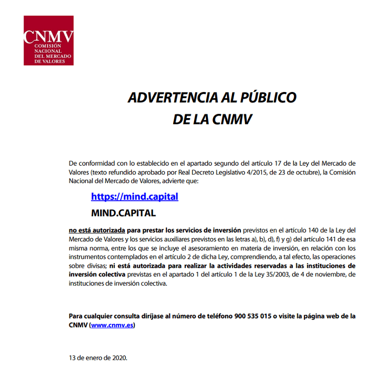 advertencia cnmv mind capital