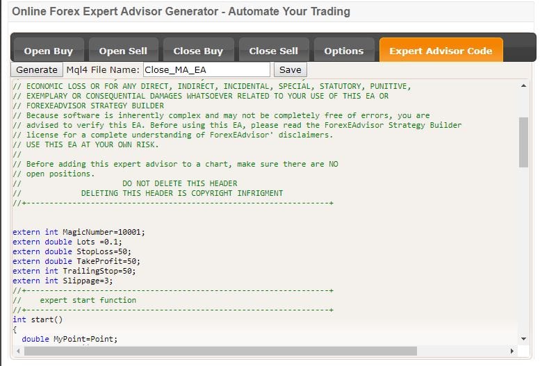 Generando código de Expert Advisor